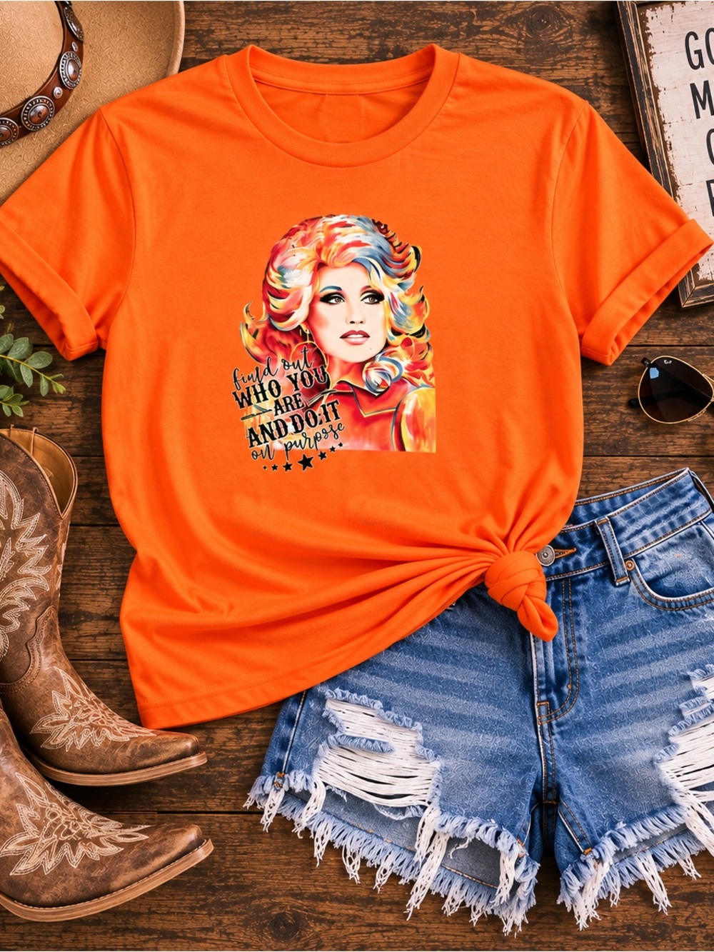 Dolly Parton Graphic Orange Tee with Colorful Portrait